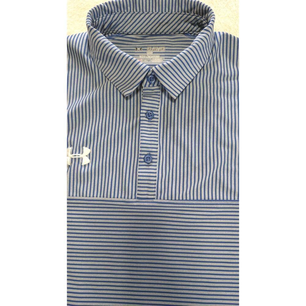 Under Armour Performance HeatGear Polo Shirt Mens XXL Blue/Gray Stripe Golf - Picture 7 of 9